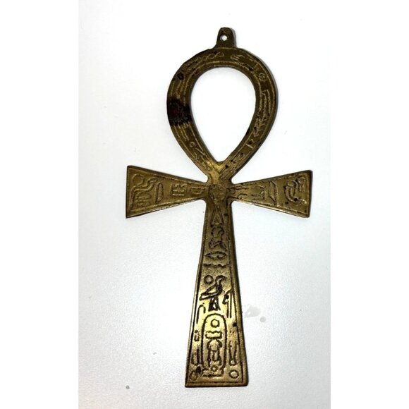 Vintage Egyptian Ankh Brass Wall Hanging With Hieroglyphics Design 7" Patina - Picture 3 of 4